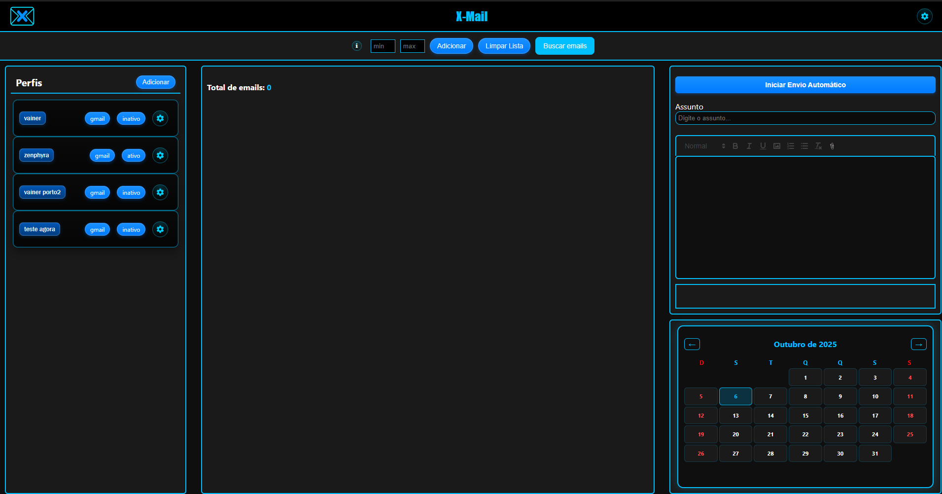 Tela principal do app X-Mail